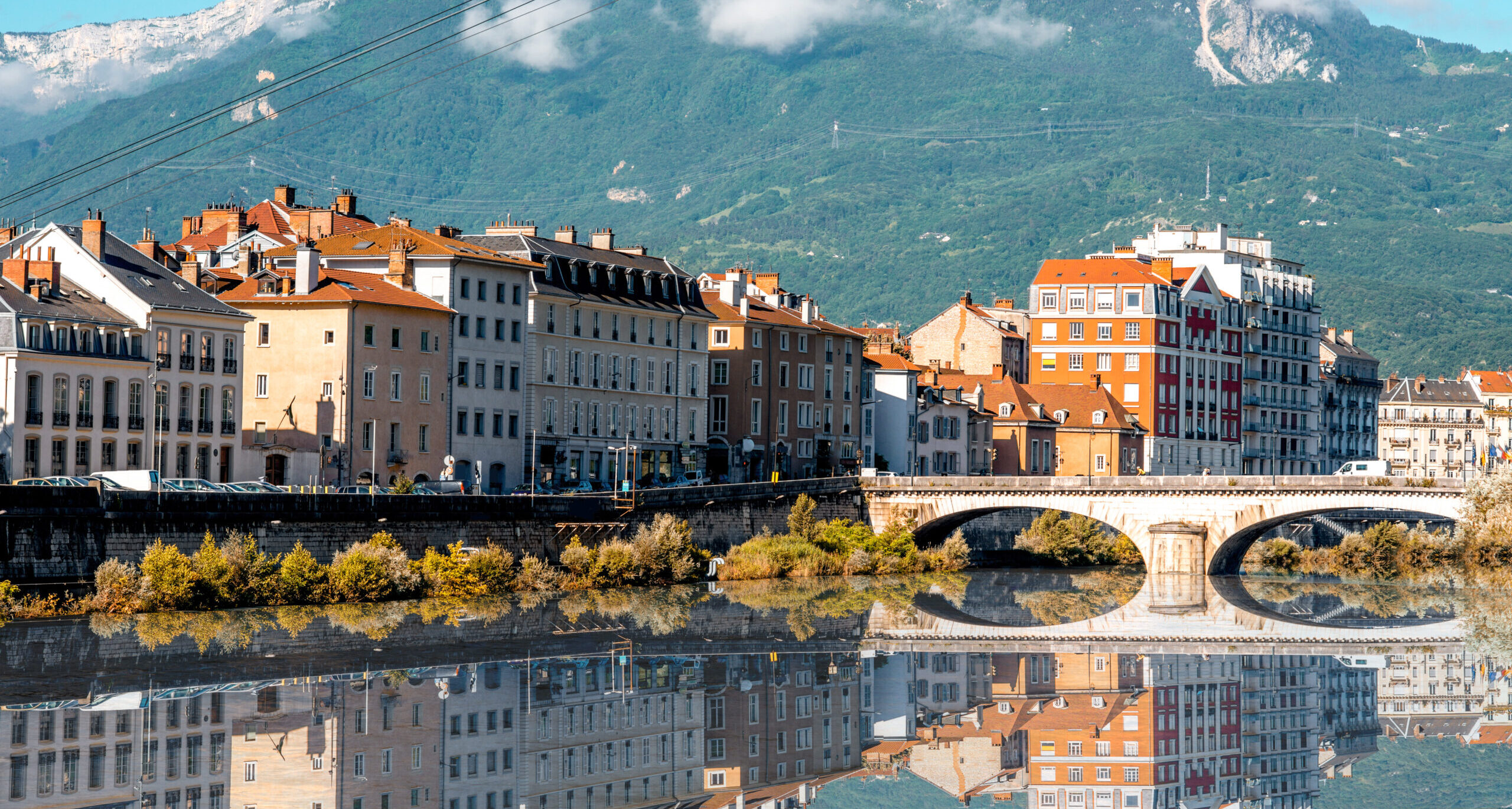 Morning,Cityscape,View,With,Mountains,,River,And,Bridge,In,Grenoble